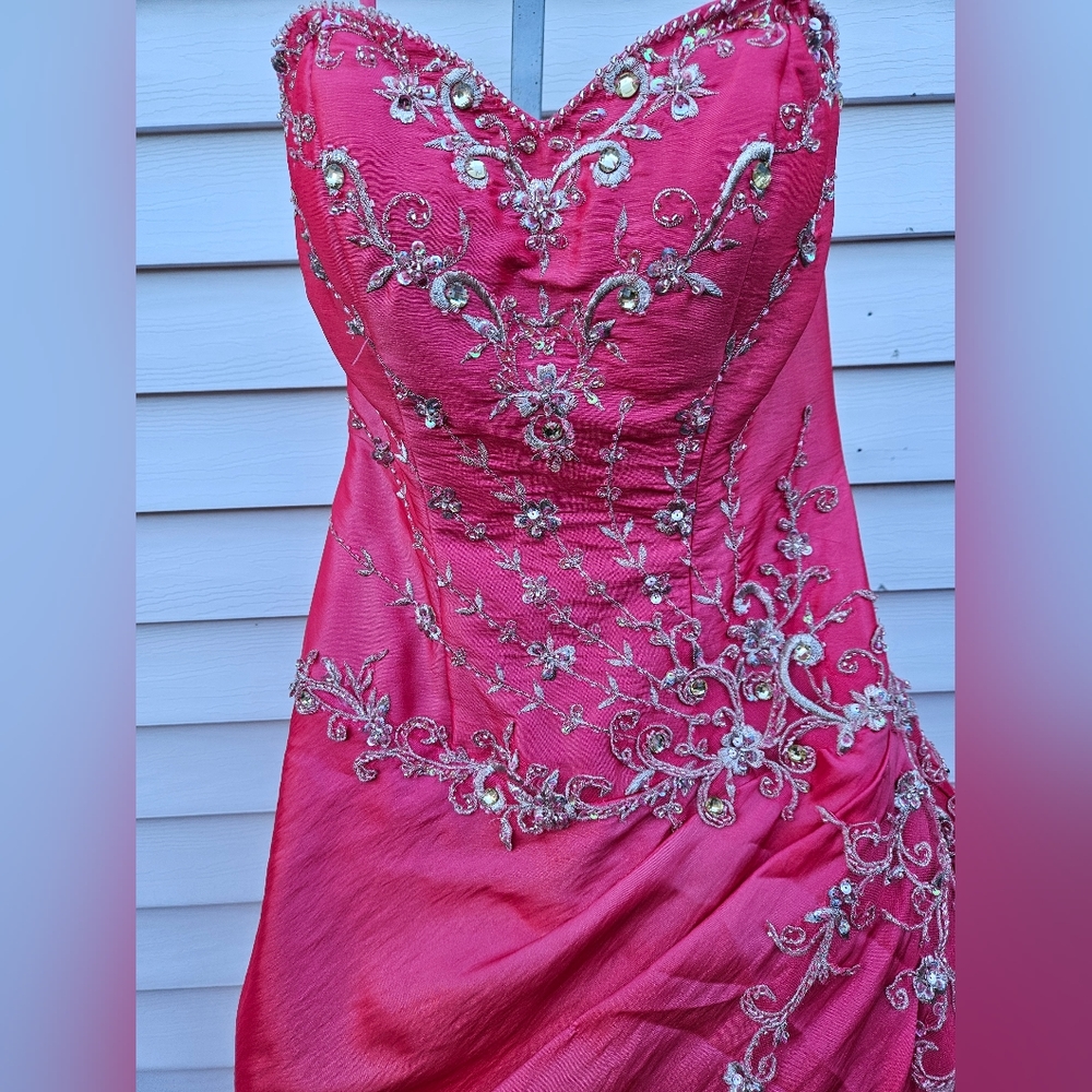 Watermelon Pink Embellished Strapless Gown - Picture 2 of 16